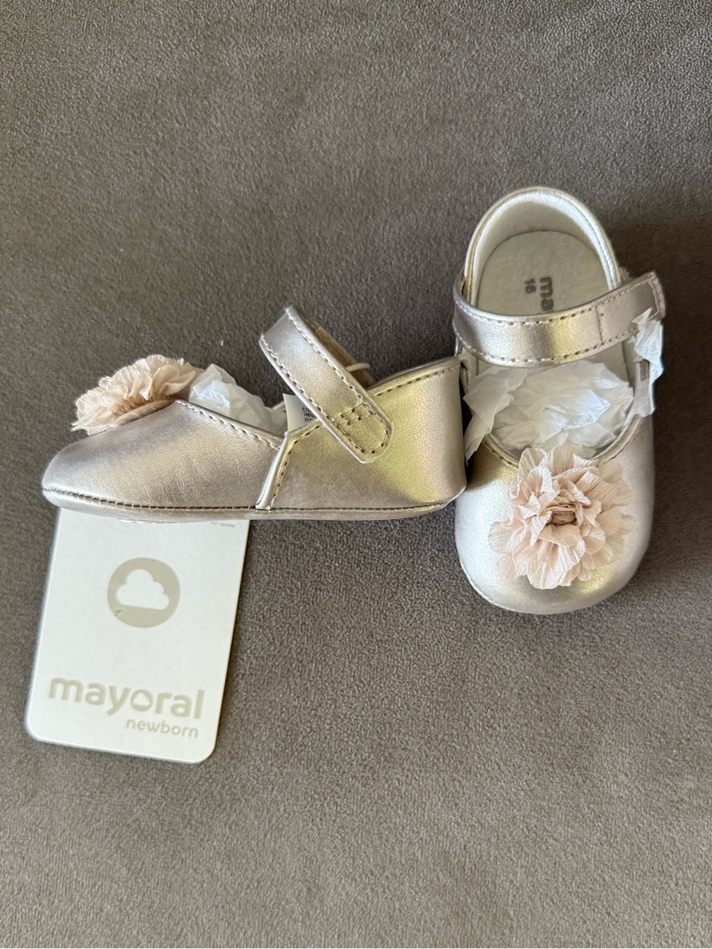 Mayoral Newborn Metallic Flower Mary Jane Shoes